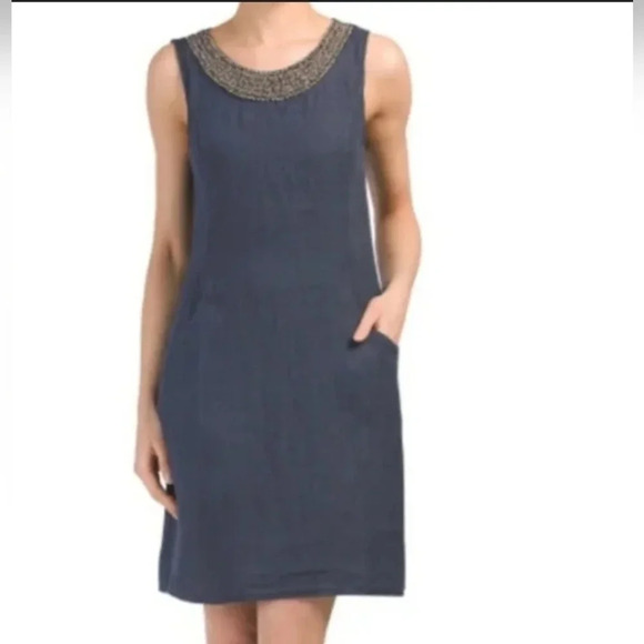 Lina Tomei Linen Shift Dress w/ Hand Beaded Neckline, Made in Italy, EUC! - Picture 1 of 11